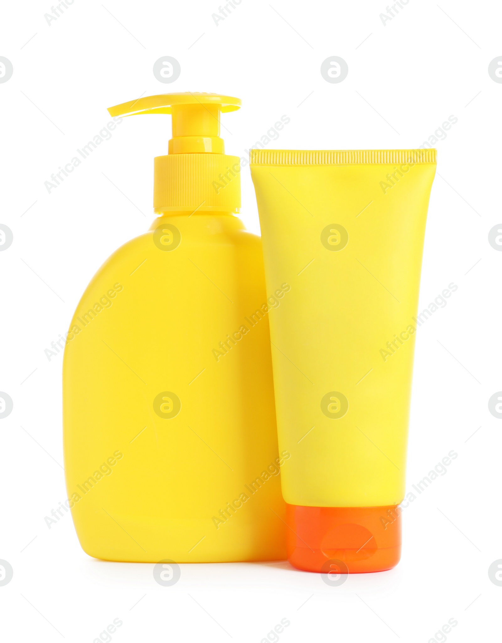 Photo of Composition with sun protection cosmetic products on white background