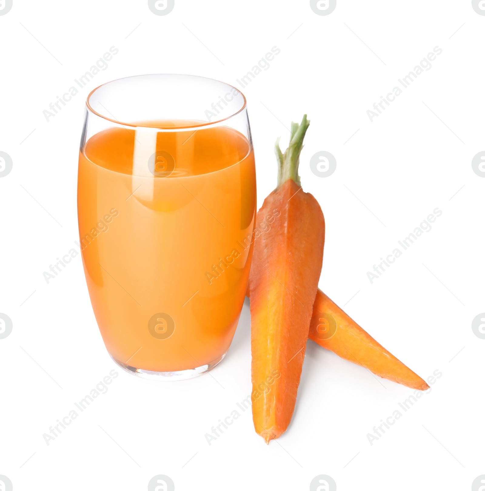 Photo of Freshly made carrot juice on white background