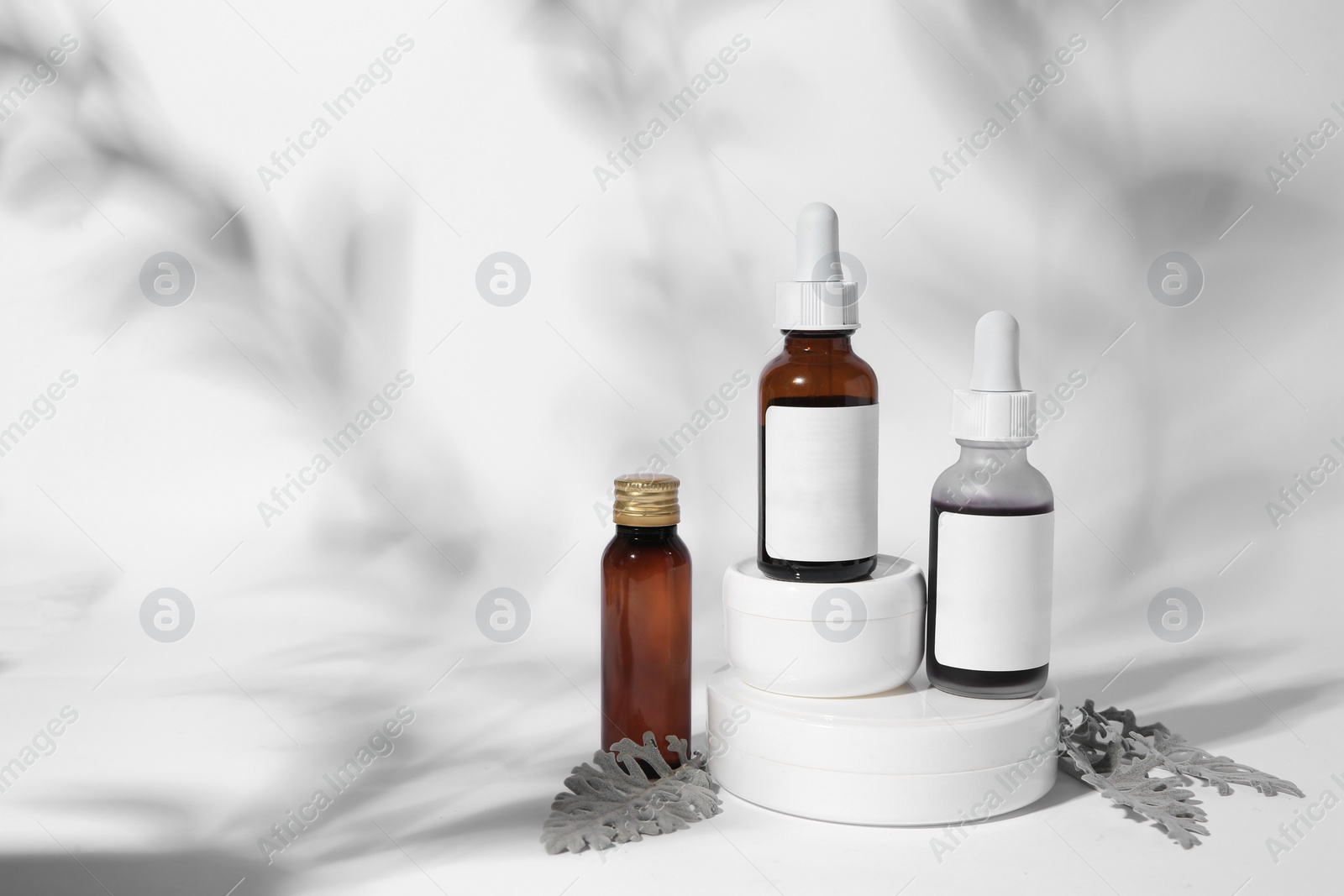 Photo of Cosmetic products and silver leaves on white background. Space for text