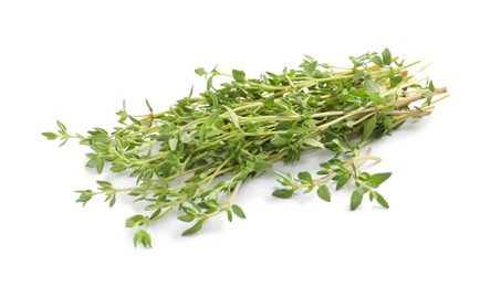 Photo of Bunch of aromatic thyme on white background. Fresh herb