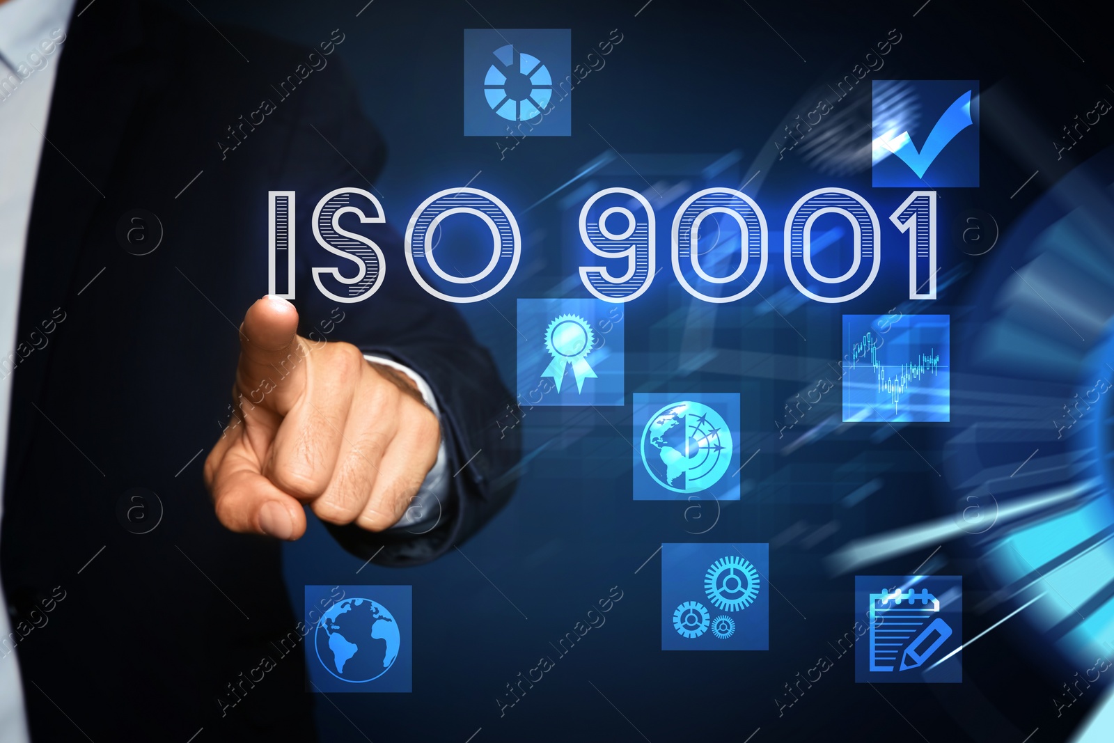 Image of Man pointing at virtual screen with text ISO 9001 and different icons, closeup