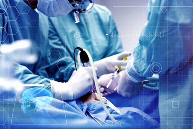 Image of Teamprofessional doctors performing operation in surgery room and illustration of different virtual icons