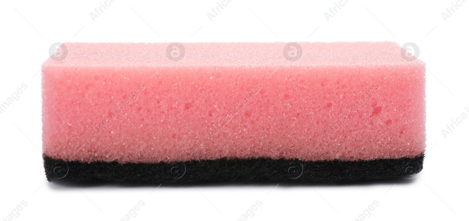 Photo of Pink cleaning sponge with abrasive black scourer isolated on white