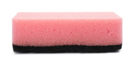 Pink cleaning sponge with abrasive black scourer isolated on white