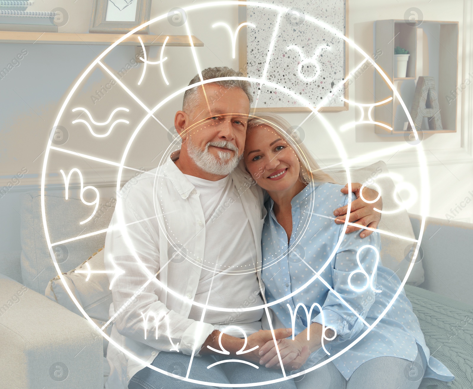 Image of Horoscope compatibility. Senior couple indoors and zodiac wheel