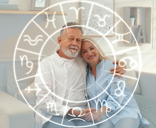 Horoscope compatibility. Senior couple indoors and zodiac wheel