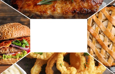 Image of Different tasty American dishes. Collage with burger, onion rings, roasted ribs and apple pie, space for text