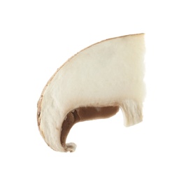 Photo of Slice of raw mushroom on white background