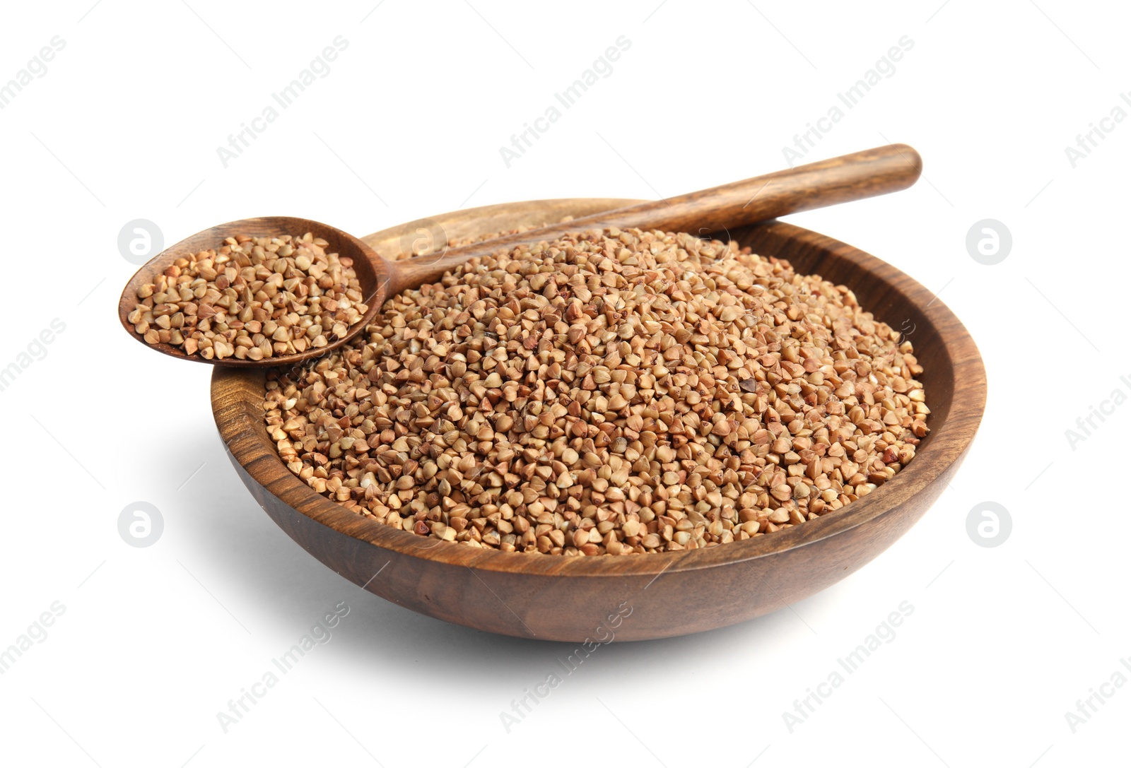 Photo of Bowl and spoon with uncooked buckwheat on white background