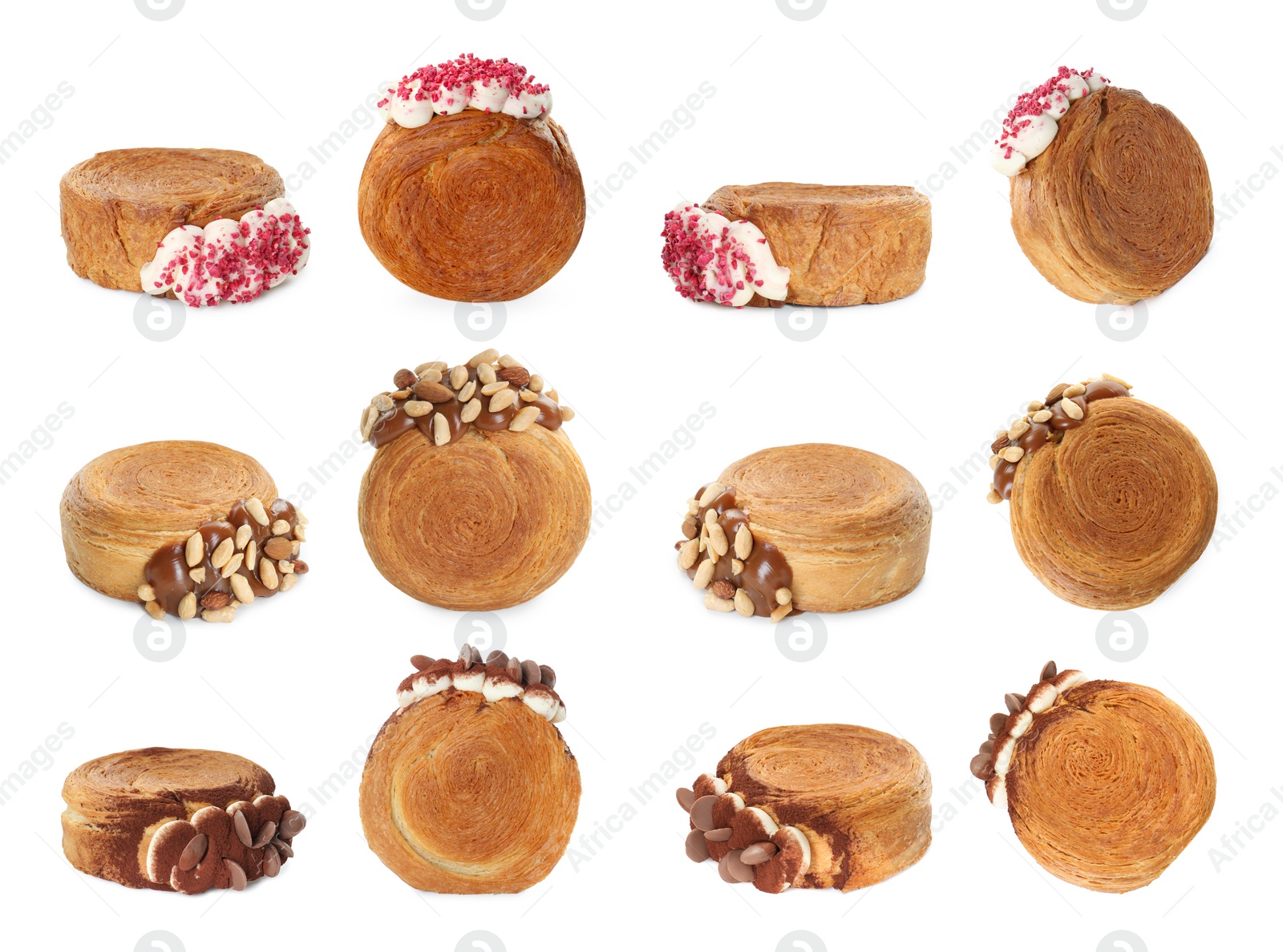 Image of Set of round croissants isolated on white, top and side views. Puff pastry