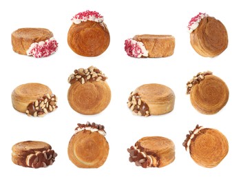 Image of Set of round croissants isolated on white, top and side views. Puff pastry