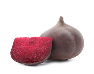 Photo of Cut and whole beets on white background. Taproot vegetable