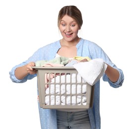 Photo of Emotional woman with basket full of laundry on white background