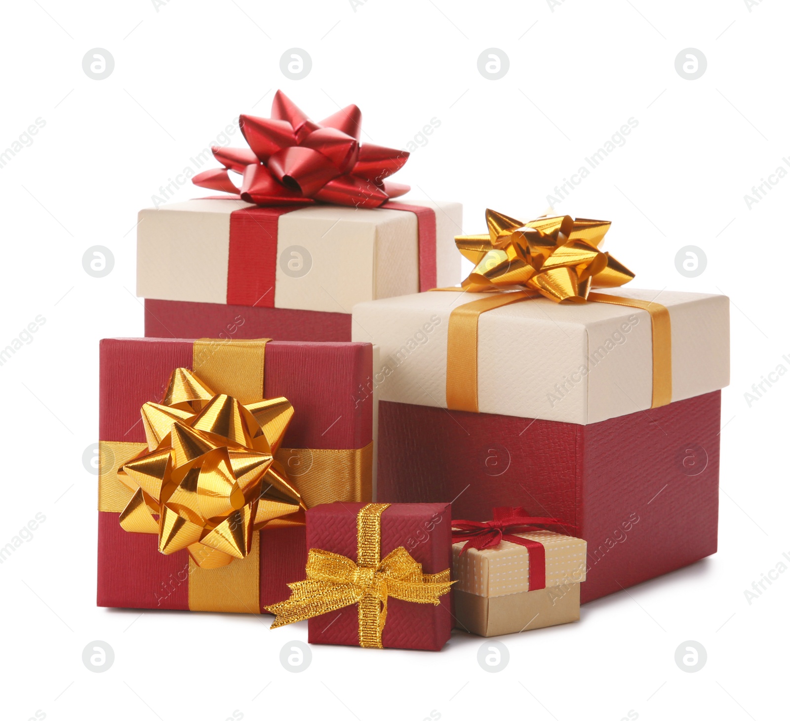 Photo of Beautiful gift boxes with bows on white background