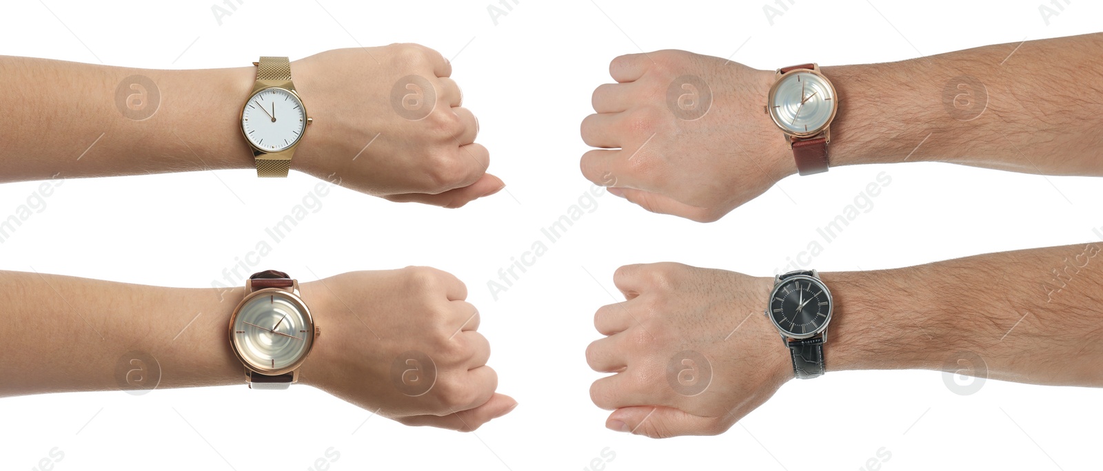 Image of Collage with photos of people wearing wristwatches on white background, closeup. Banner design