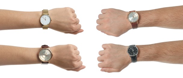 Image of Collage with photos of people wearing wristwatches on white background, closeup. Banner design