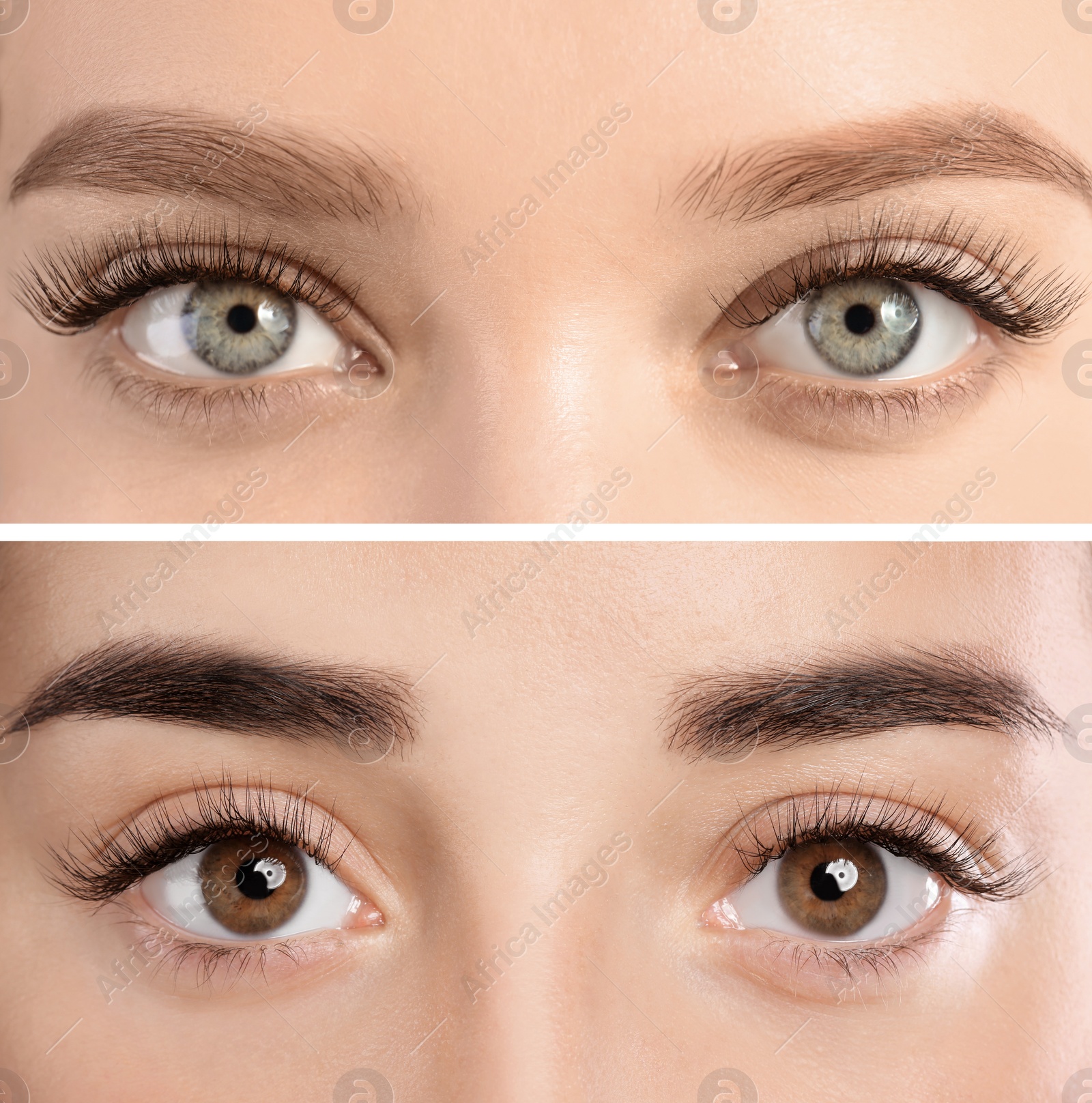 Image of Collage with photos of young woman after eyelash extension procedure, closeup