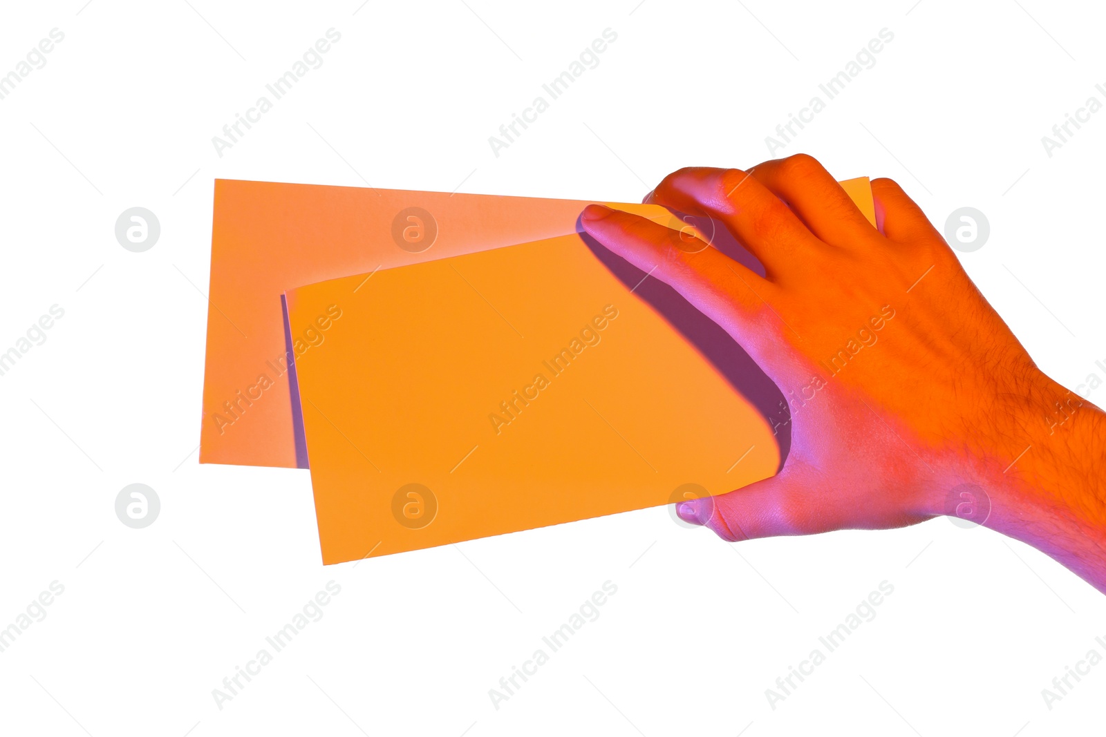 Photo of Man holding flyers on white background, closeup and space for text. Color tone effect