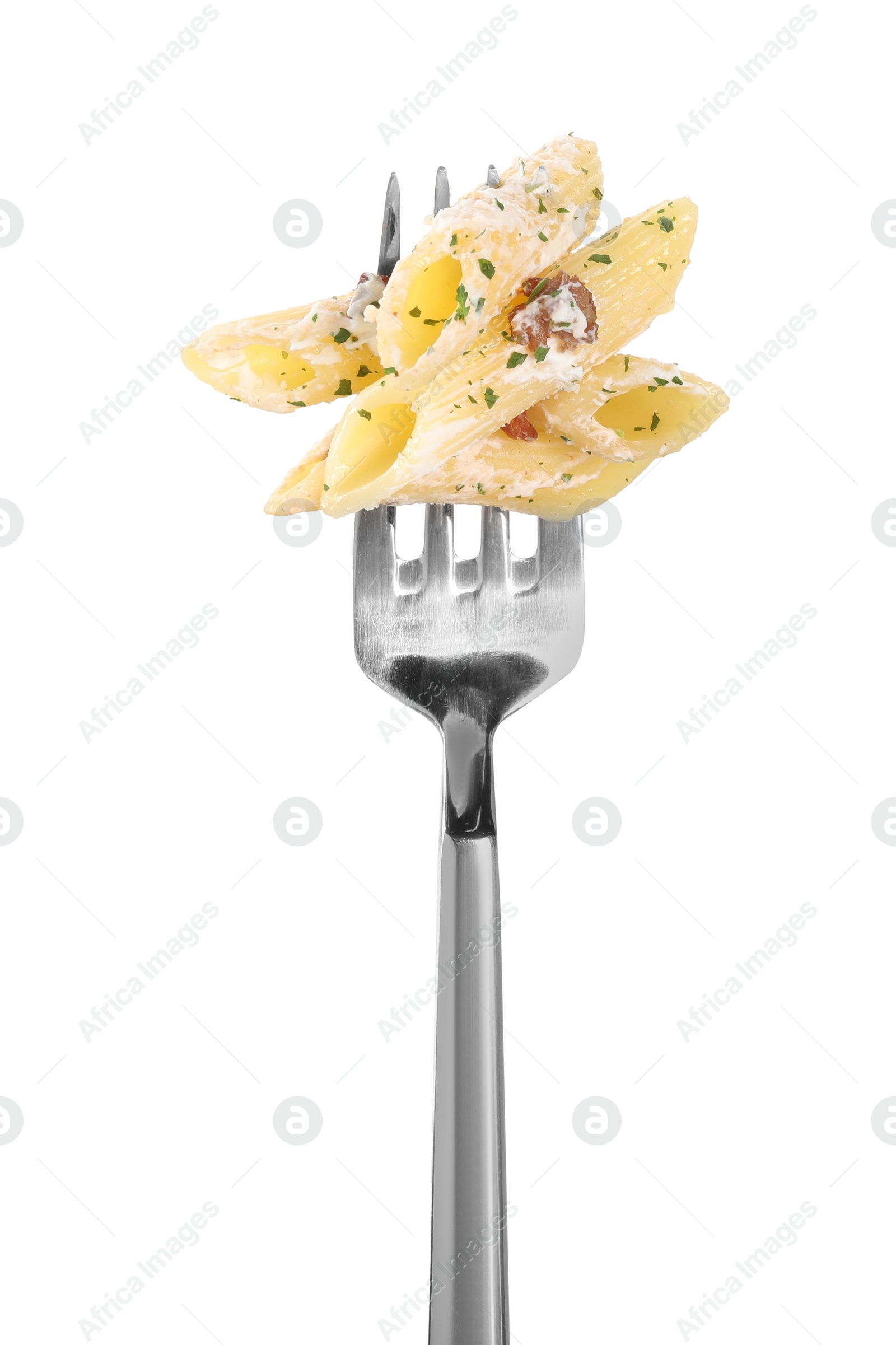 Photo of Fork with tasty pasta isolated on white