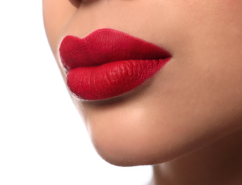 Woman with red lipstick on white background, closeup