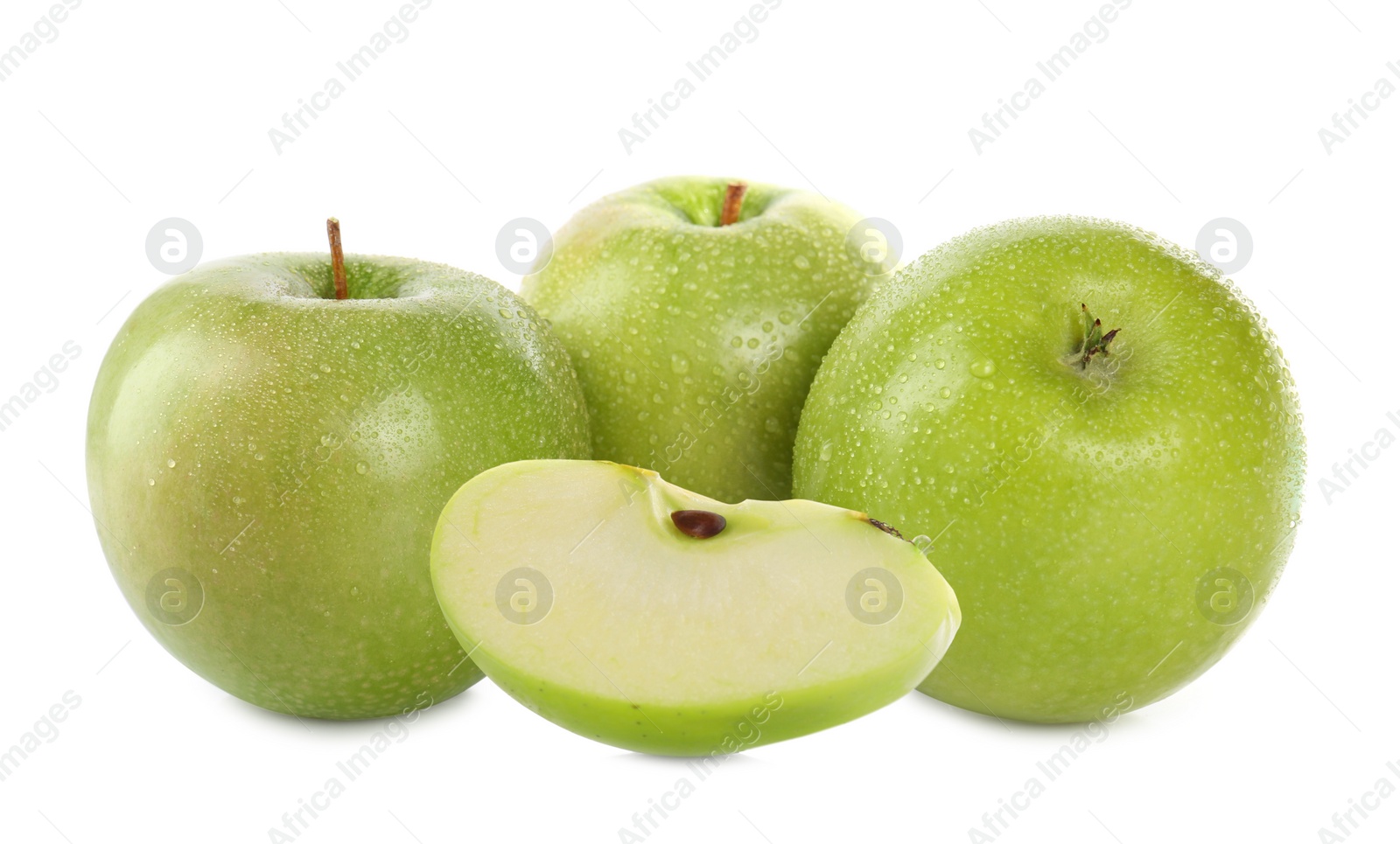 Image of Cut and whole green apples on white background