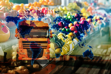 Image of Multiple exposure of truck, fresh fruits and world map. Wholesale concept