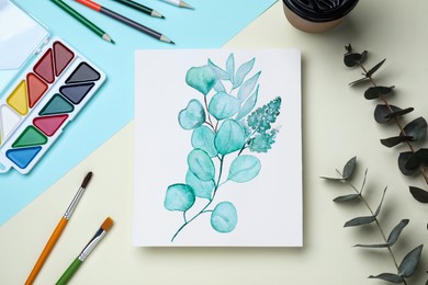 Photo of Flat lay composition with beautiful drawing of different plants on color background