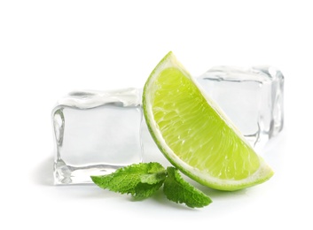 Slice of fresh ripe lime and ice cubes on white background