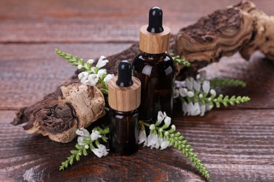 Essential oils, flowers and tree branch on wooden table, closeup