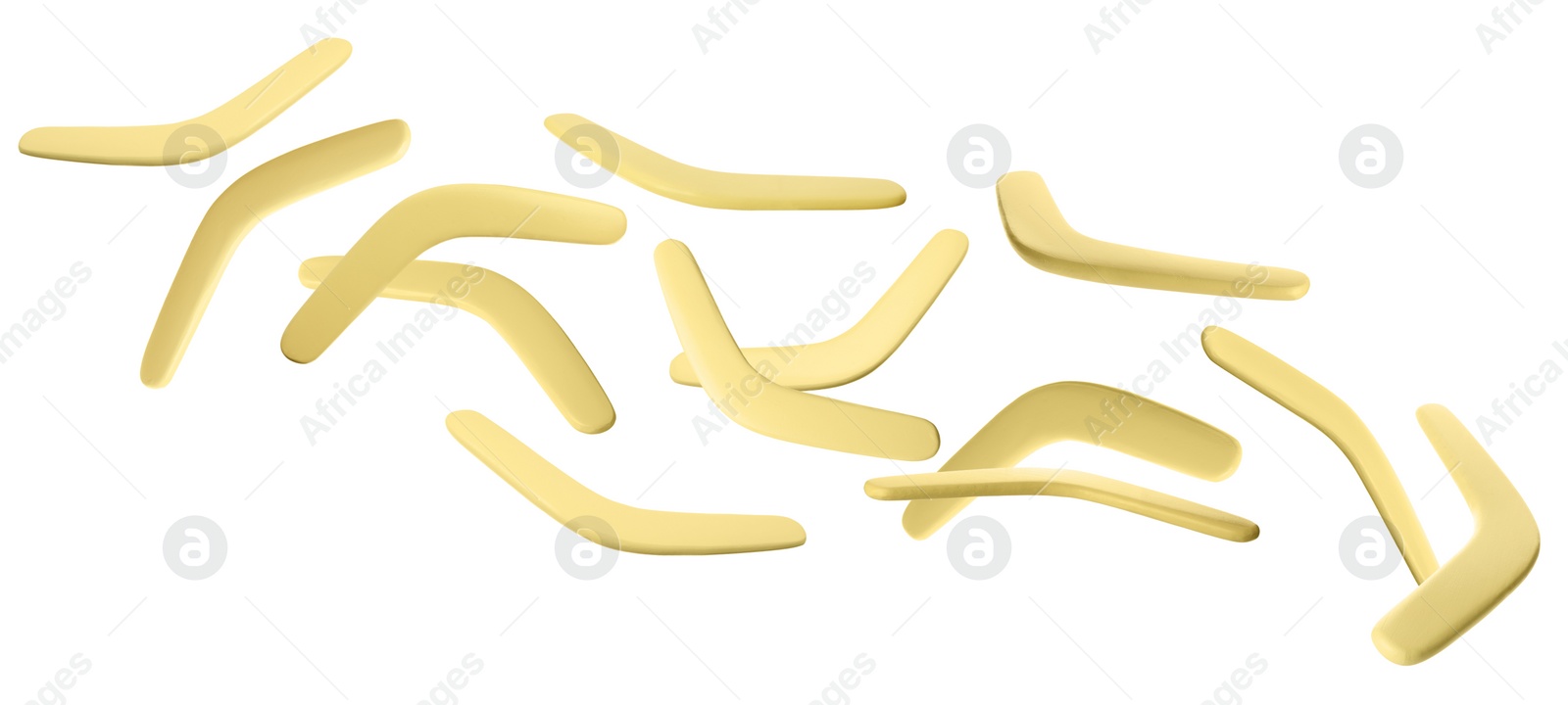 Image of Many yellow boomerangs flying on white background. Banner design