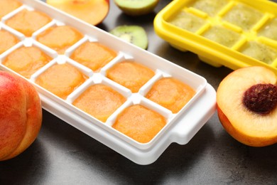 Photo of Nectarine and kiwi puree in ice cube tray with ingredients on grey table, closeup
