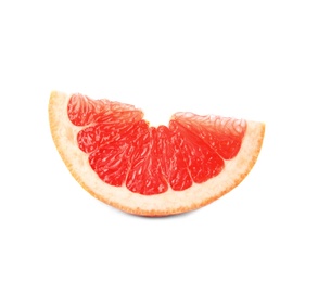 Photo of Slice of ripe juicy grapefruit on white background