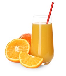 Photo of Orange juice and fresh fruits on white background