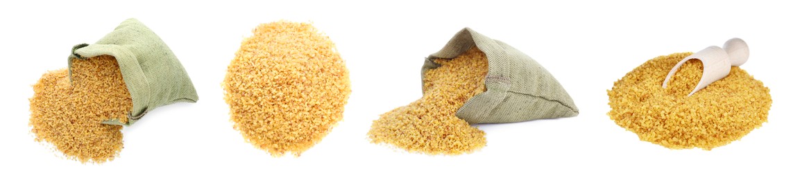 Image of Collage with bags and piles of uncooked bulgur on white background