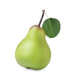 Photo of One fresh ripe pear with green leaf isolated on white