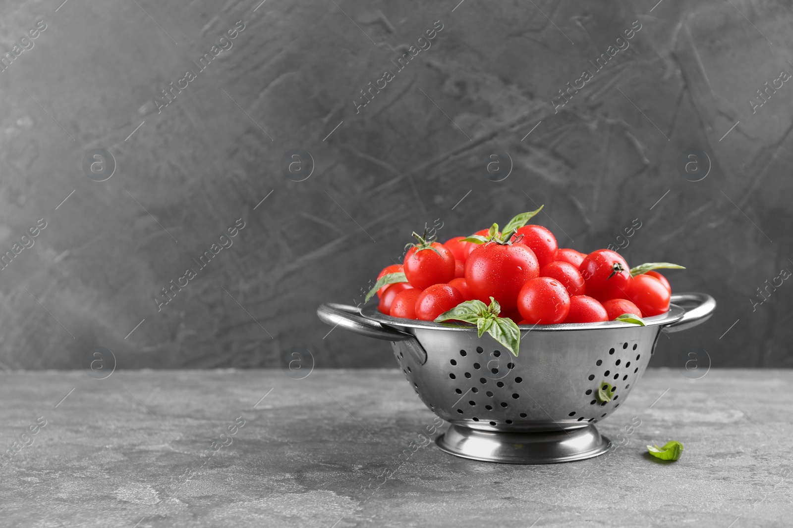 Photo of Fresh ripe tomatoes and basil leaves in colander on grey table, space for text