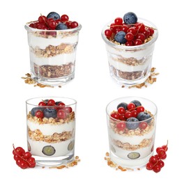 Image of Delicious yogurt parfait with fresh berries on white background, collage