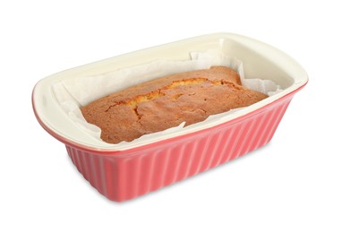 Photo of Tasty lemon cake in baking dish isolated on white