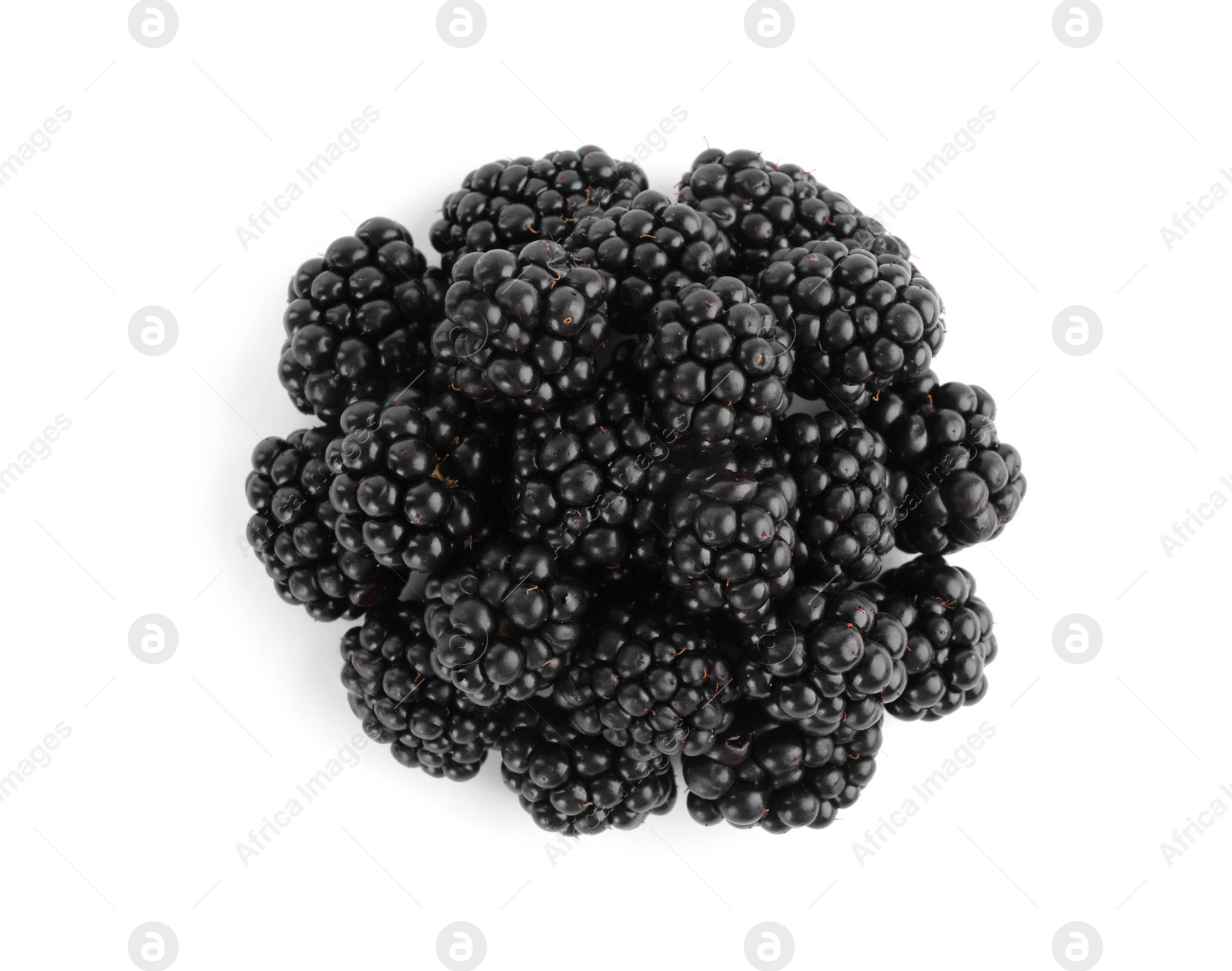 Photo of Tasty ripe blackberries on white background, top view