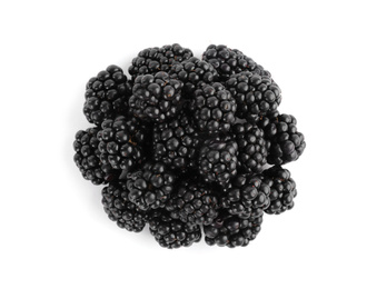 Tasty ripe blackberries on white background, top view