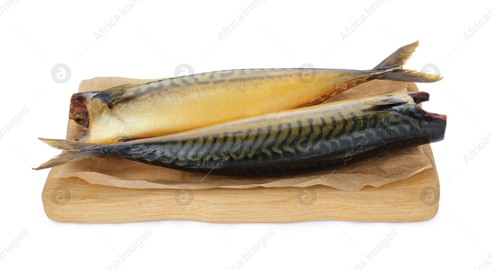 Photo of Board with delicious smoked mackerels on white background