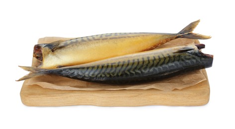 Board with delicious smoked mackerels on white background