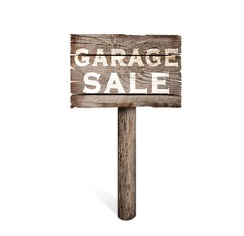 Image of Wooden sign with words Garage Sale isolated on white