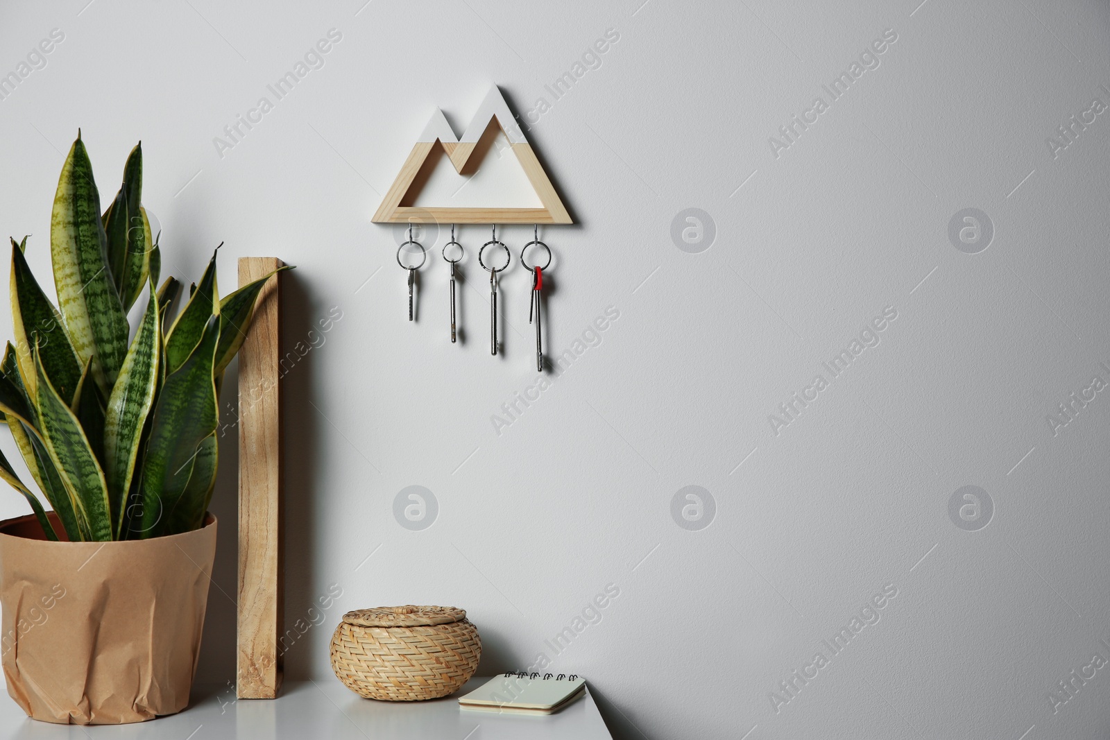 Photo of Wooden key holder on light wall indoors. Space for text