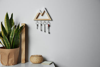 Photo of Wooden key holder on light wall indoors. Space for text