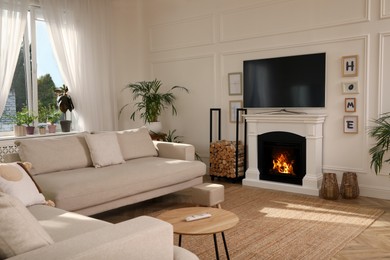 Stylish living room with comfortable sofas, modern TV and fireplace. Interior design