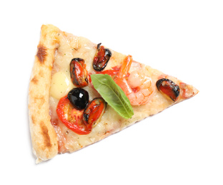Photo of Slice of tasty pizza with seafood isolated on white, top view