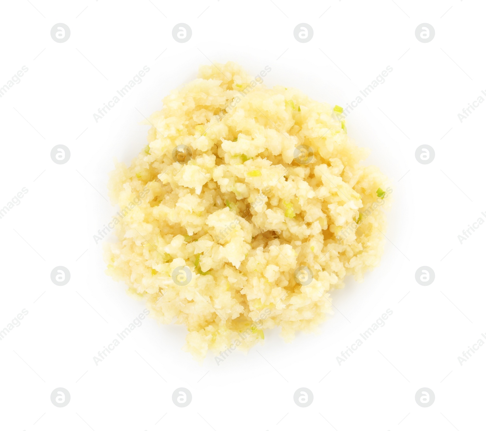 Photo of Pile of chopped garlic isolated on white, top view