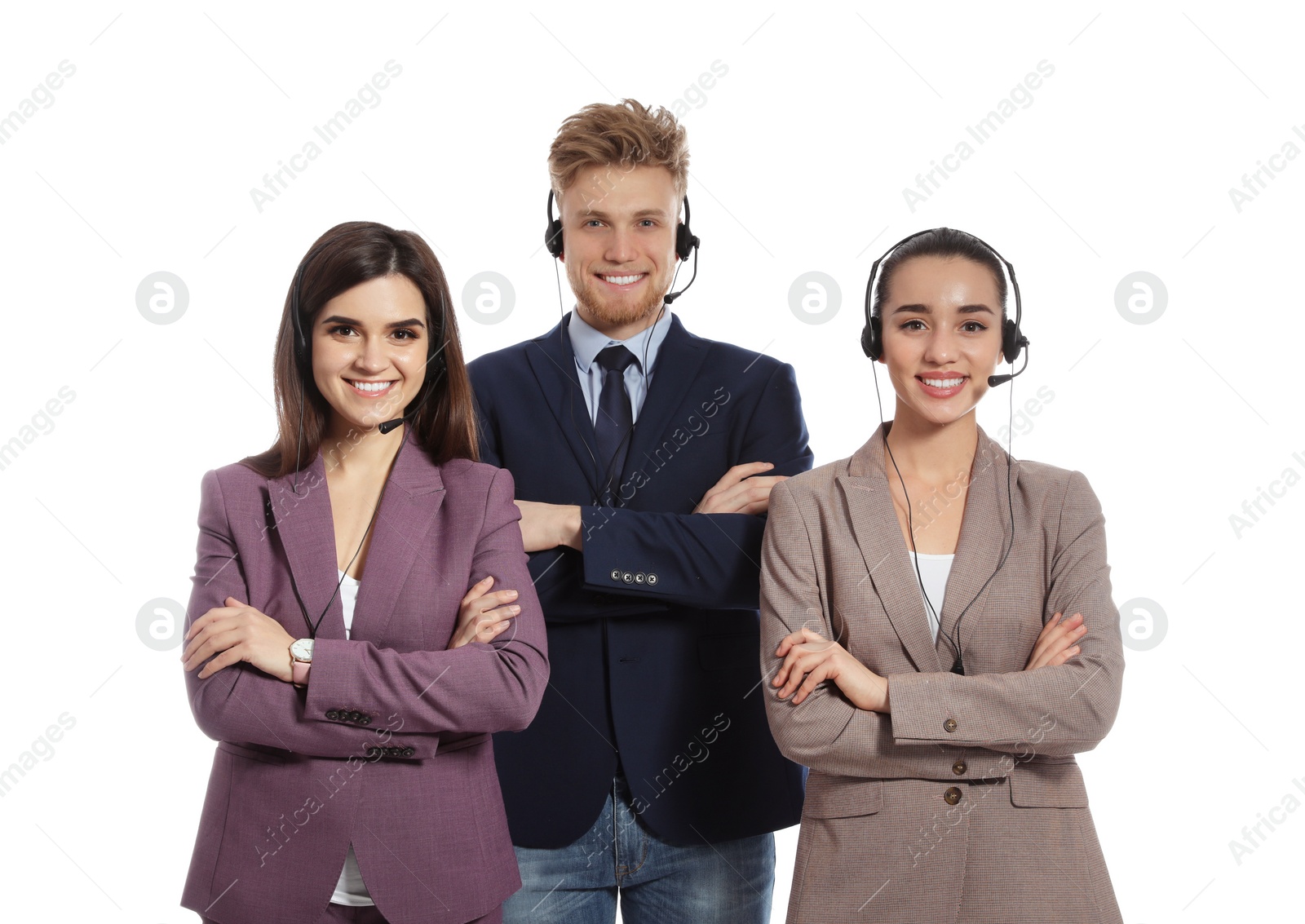 Photo of Technical support operators with headsets on white background