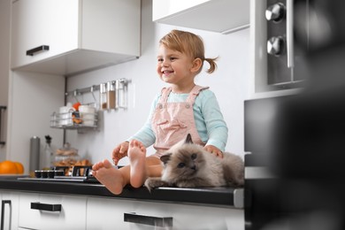 Photo of Cute little child sitting with adorable pet on countertop in kitchen